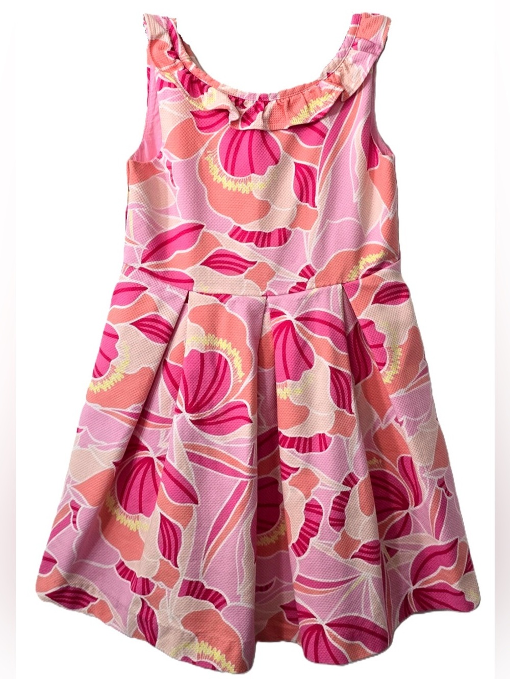 Girls Pink Floral Ruffle Neck Dress